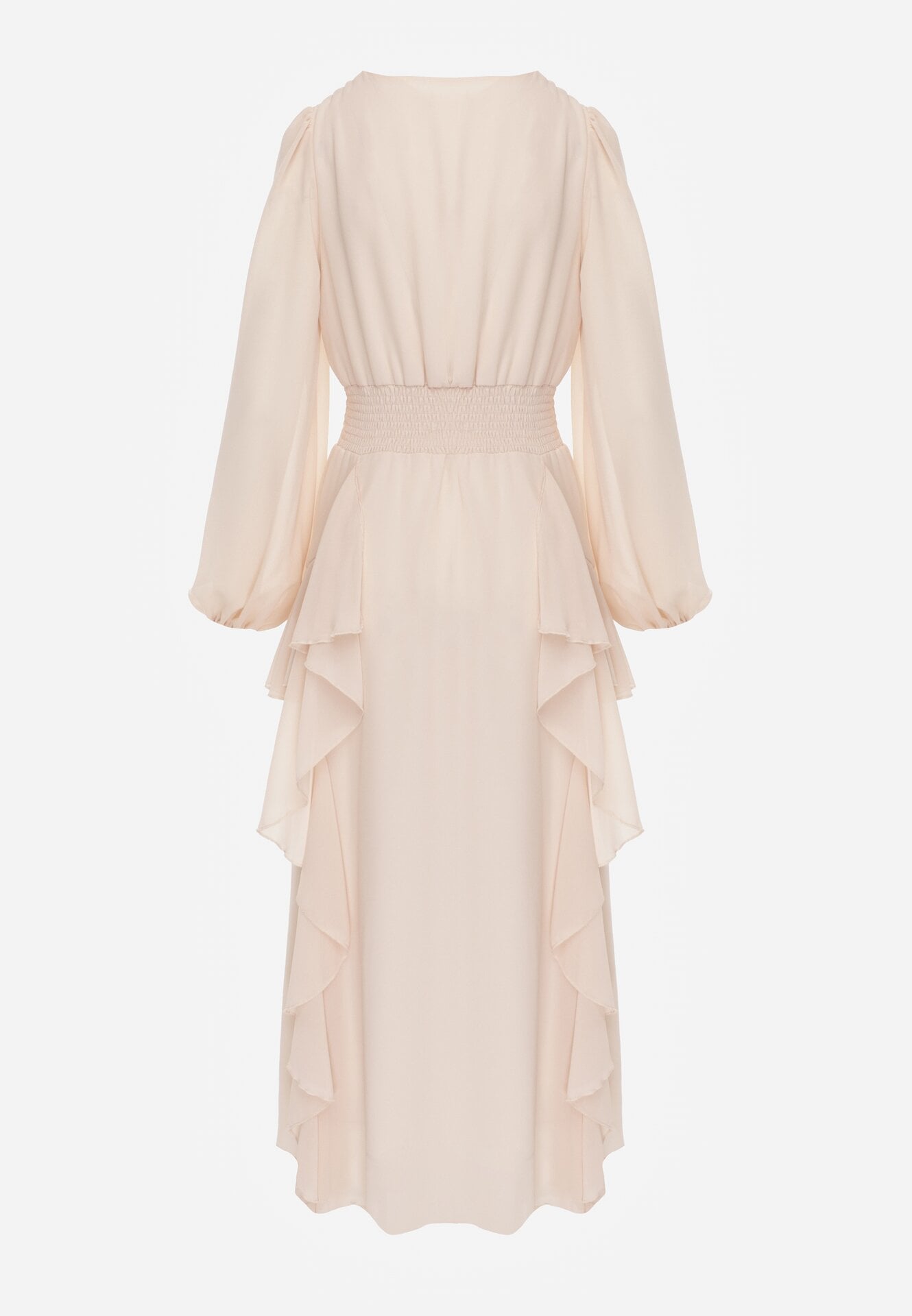 Beżowa Romantyczna Sukienka Koktajlowa z Falbanami i Marszczeniem w Pasie Aranilla