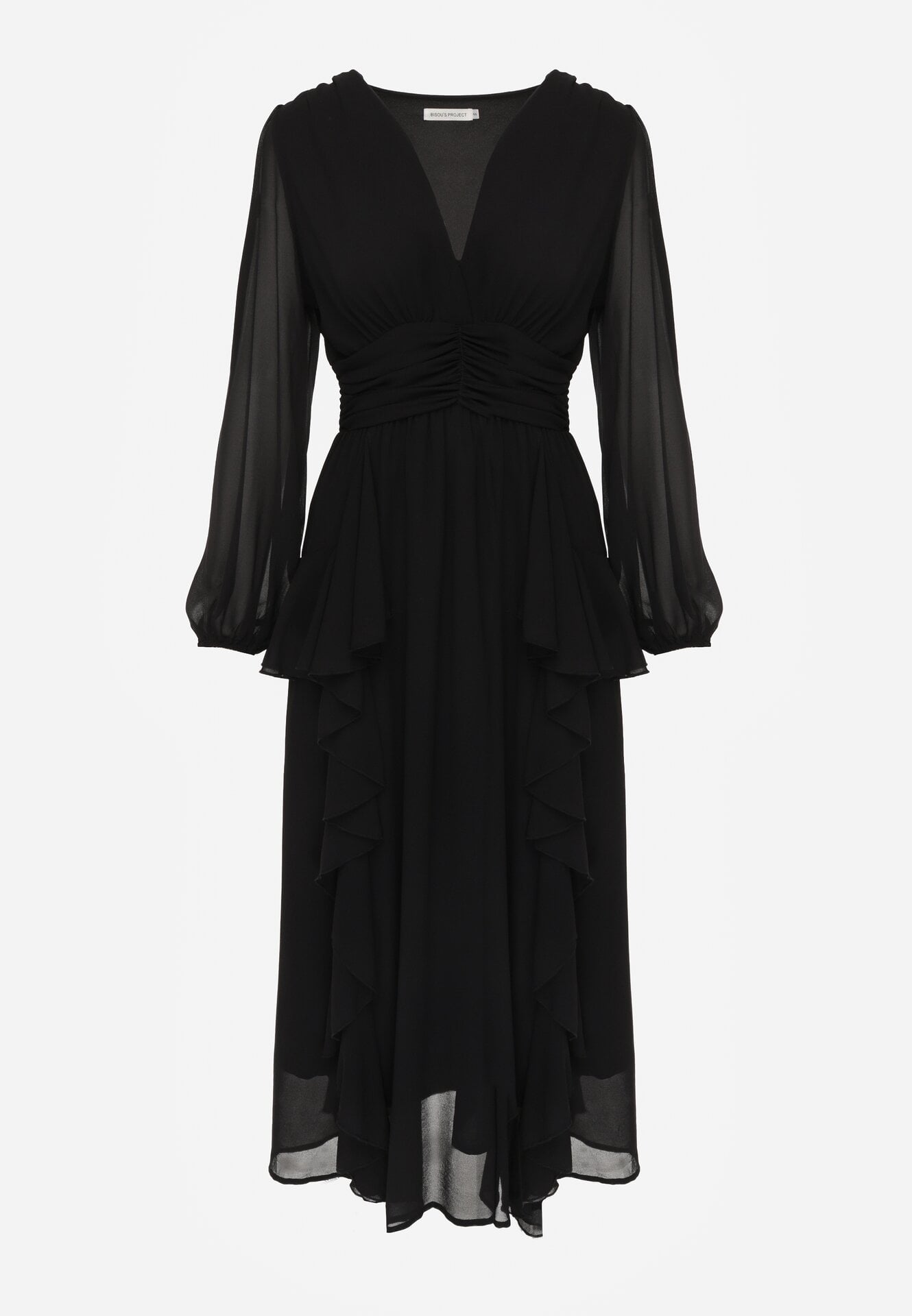 Czarna Romantyczna Sukienka Koktajlowa z Falbanami i Marszczeniem w Pasie Aranilla