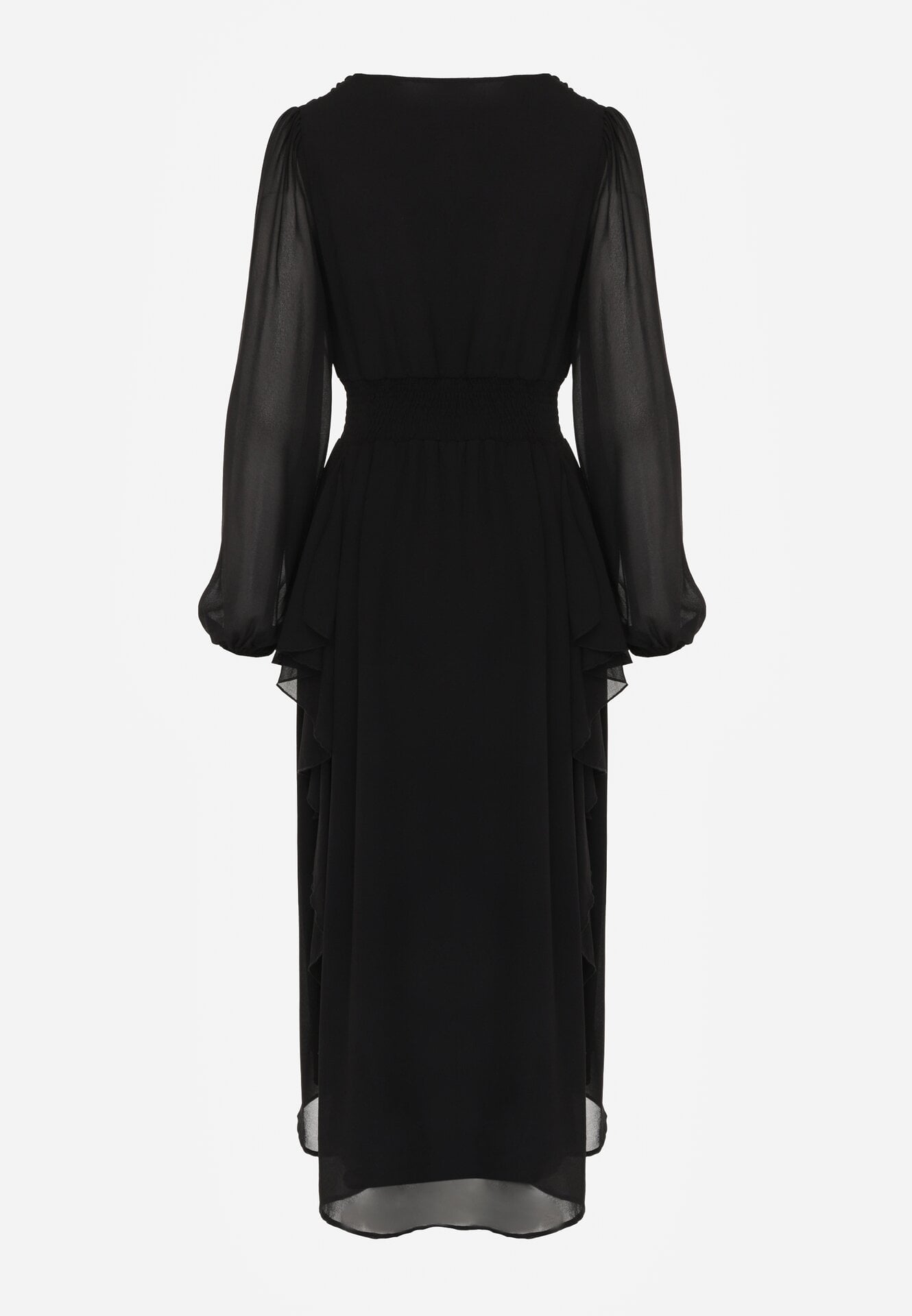 Czarna Romantyczna Sukienka Koktajlowa z Falbanami i Marszczeniem w Pasie Aranilla