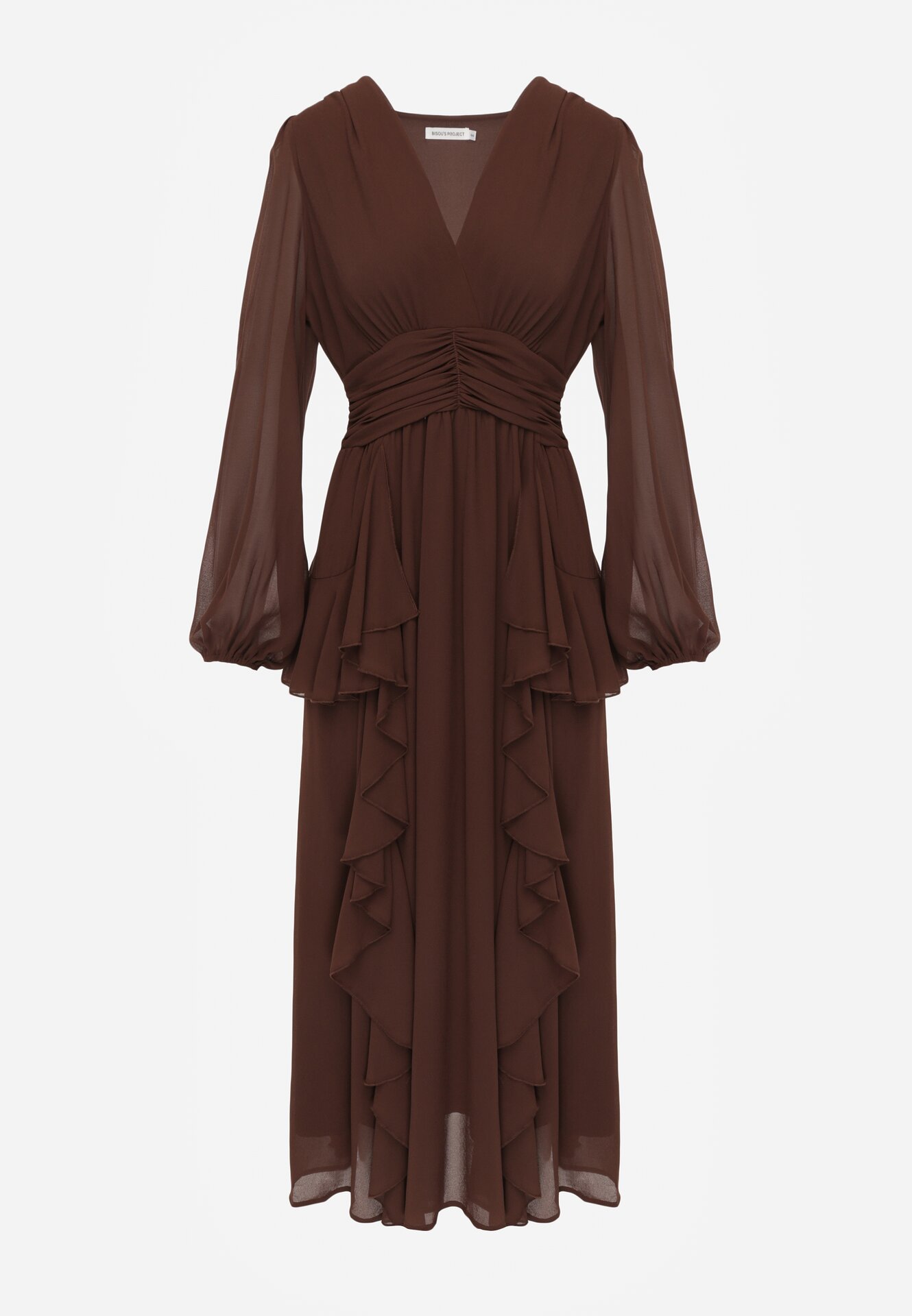 Brązowa Romantyczna Sukienka Koktajlowa z Falbanami i Marszczeniem w Pasie Aranilla