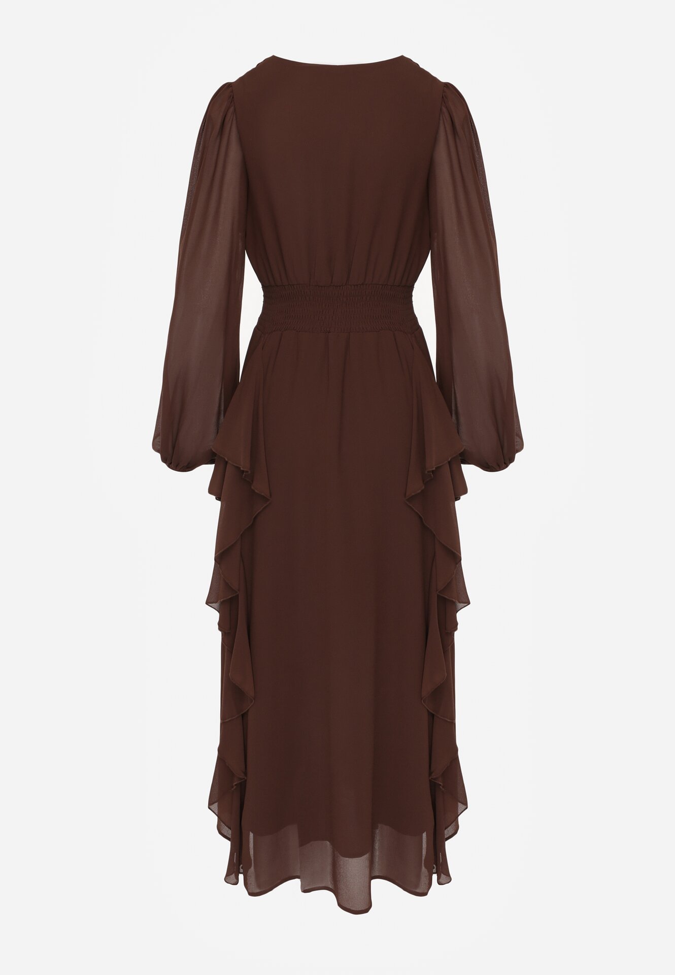 Brązowa Romantyczna Sukienka Koktajlowa z Falbanami i Marszczeniem w Pasie Aranilla