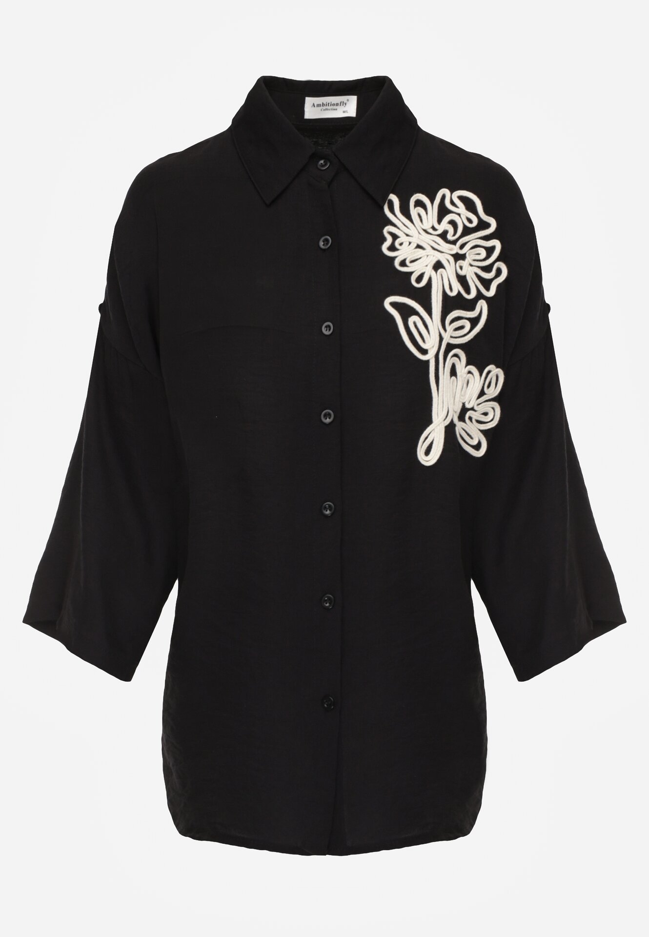 Czarna Wiszkowa Koszula Nietoperzowa z Regulowanymi Rękawami i Haftem Maryrenna