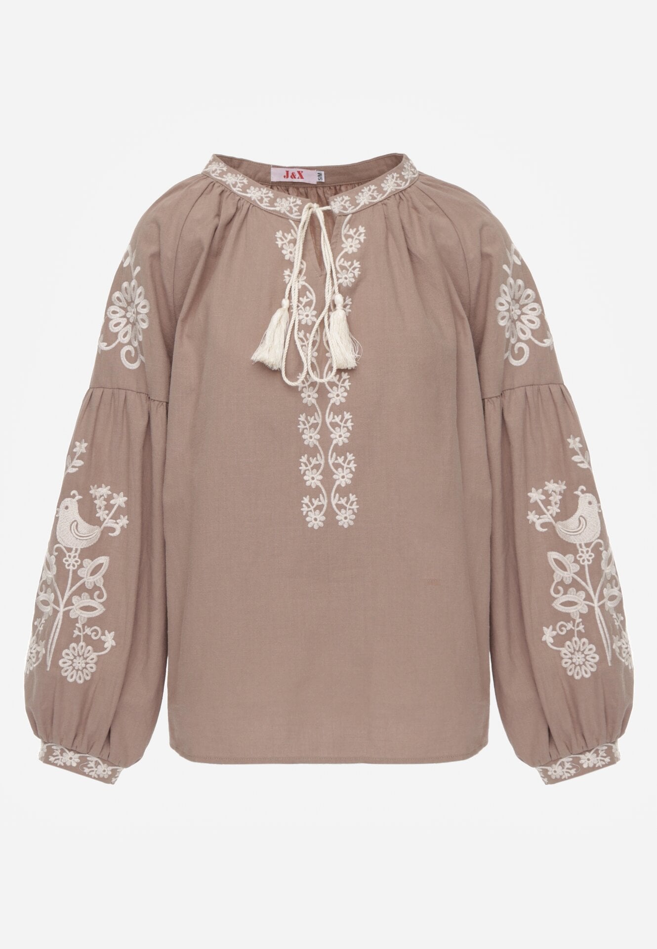 Beżowa Bawełniana Bluzka Boho z Ozdobnym Haftem i Sznurkiem z Frędzlami Lamegenia