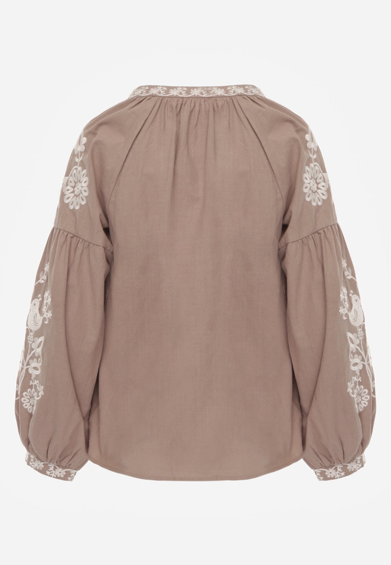 Beżowa Bawełniana Bluzka Boho z Ozdobnym Haftem i Sznurkiem z Frędzlami Lamegenia