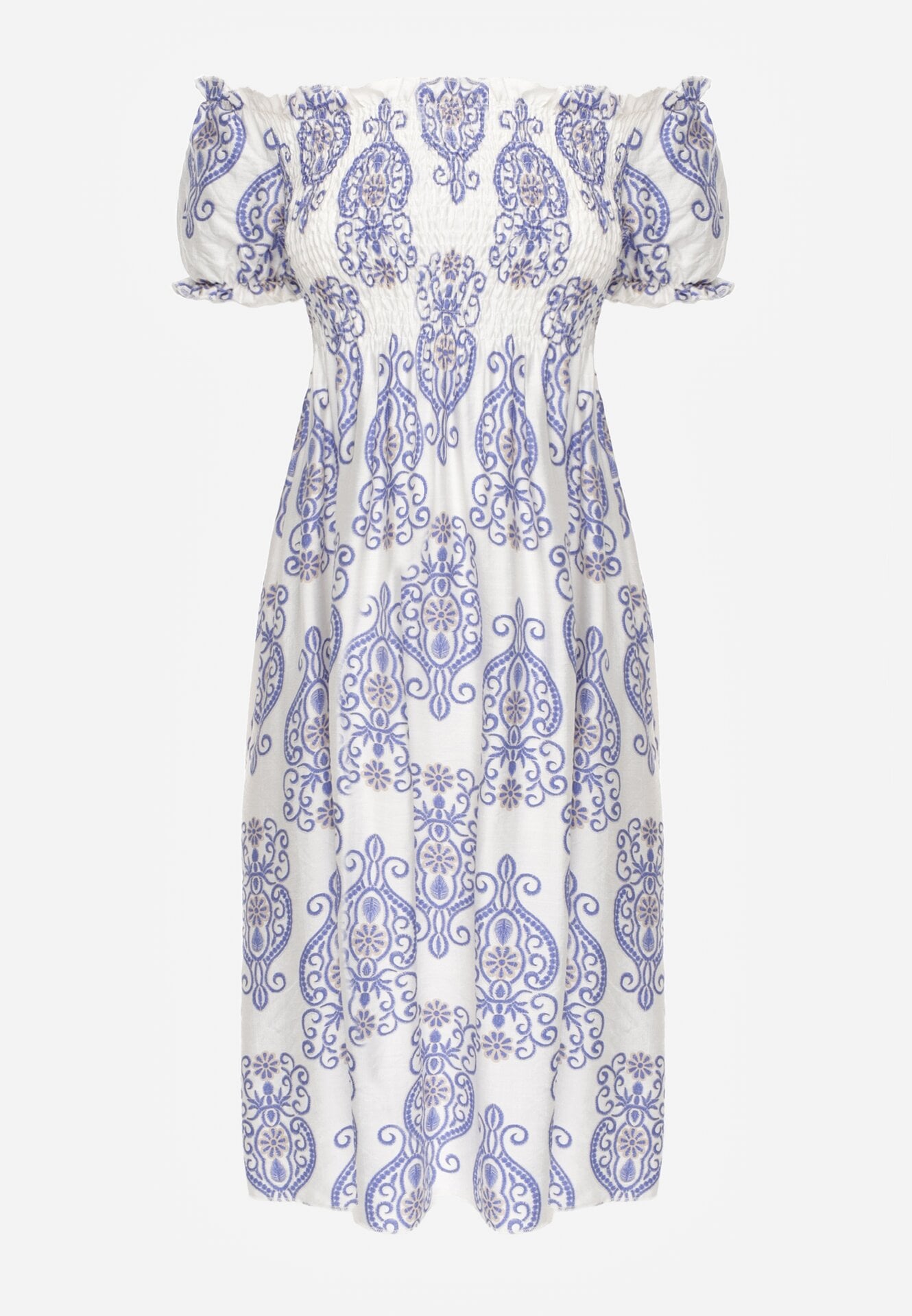 Niebieska Wiskozowa Sukienka Hiszpanka w Etniczny Wzór Hywen