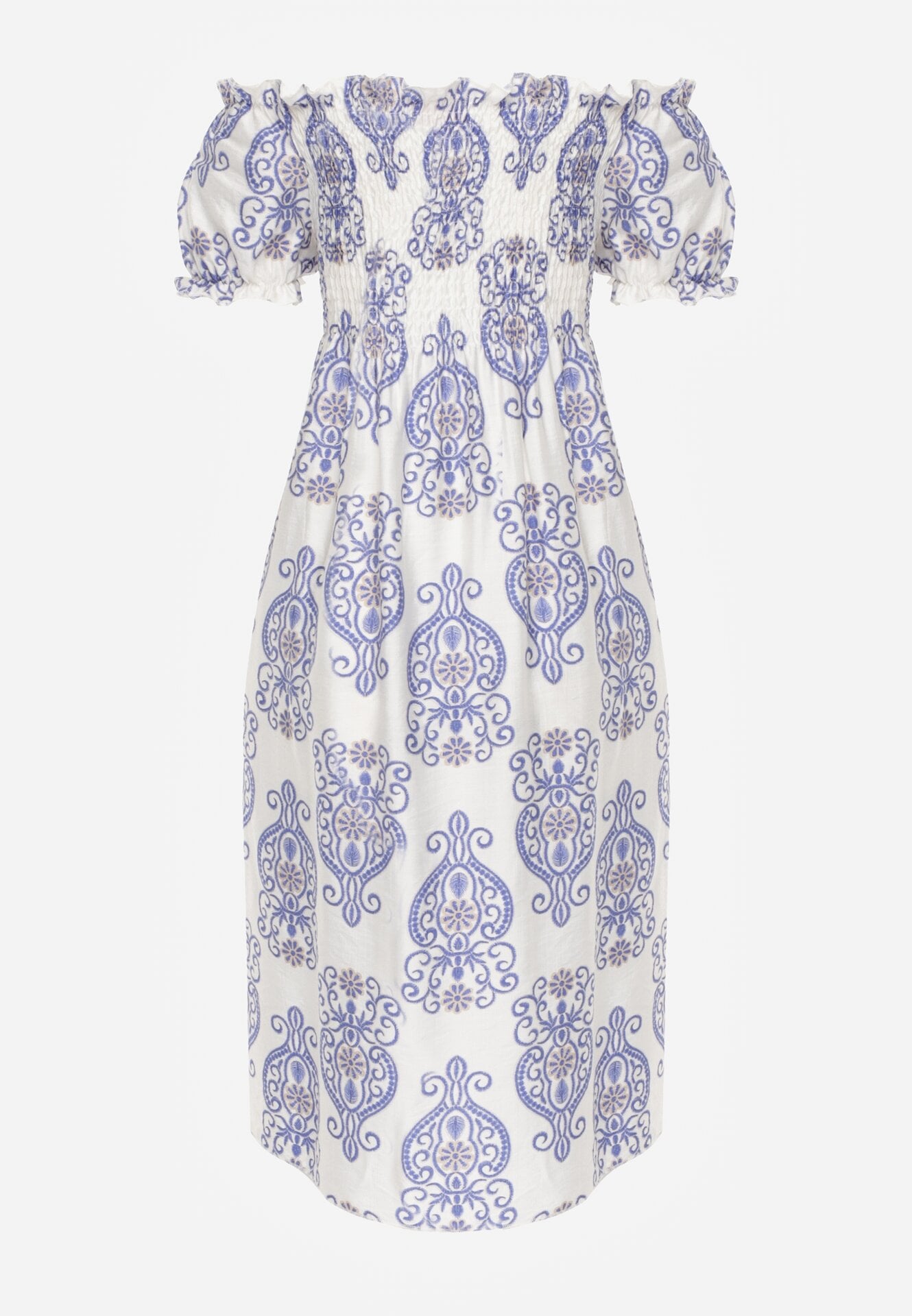 Niebieska Wiskozowa Sukienka Hiszpanka w Etniczny Wzór Hywen