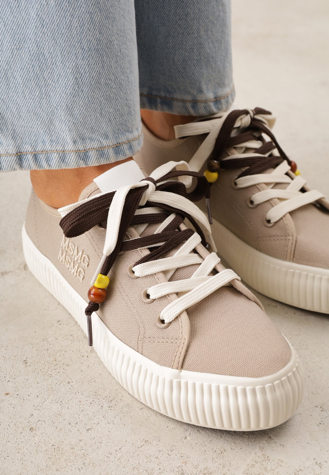 Beżowe Trampki Pod Kostkę na Grubej Podeszwie z Podwójnym Sznurowaniem Callixera
