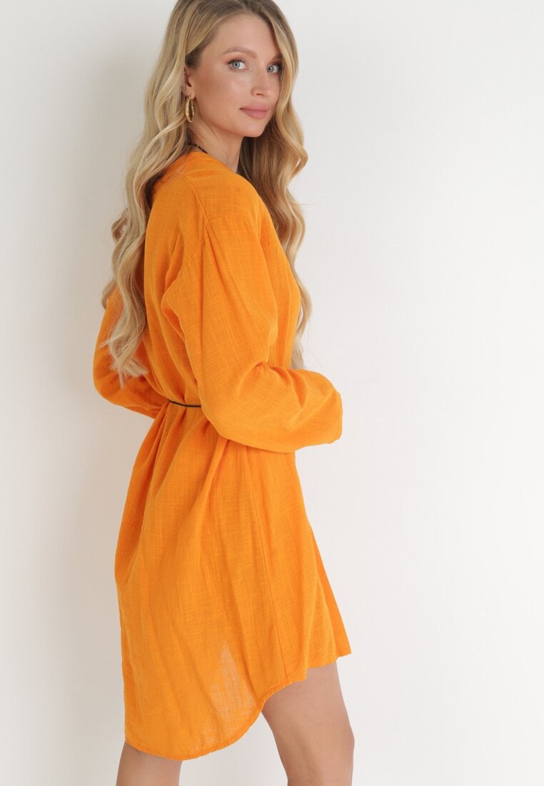 Pomarańczowa Bawełniana Sukienka Oversize z Ozdobnym Sznurkiem Eirenthea