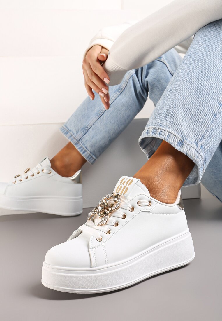 Biało-Złote Sznurowane Sneakersy na Platformie do Kostki z Imitacji Skóry ze Zdobieniami Alicenoa