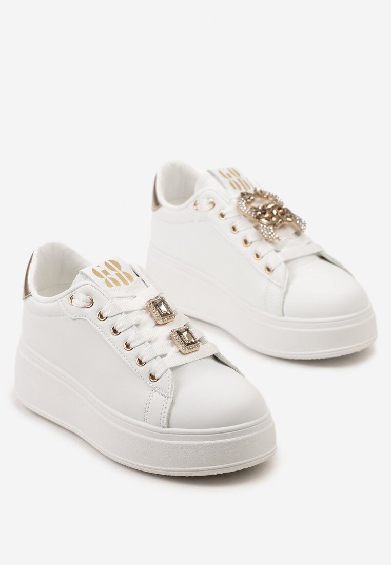 Biało-Złote Sznurowane Sneakersy na Platformie do Kostki z Imitacji Skóry ze Zdobieniami Alicenoa