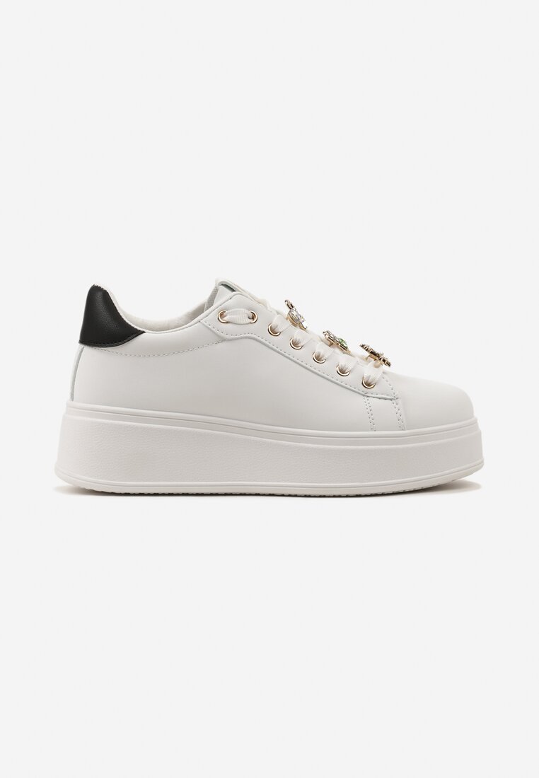 Biało-Czarne Sznurowane Sneakersy do Kostki z Ekoskóry na Platformie z Aplikacjami Lexinia