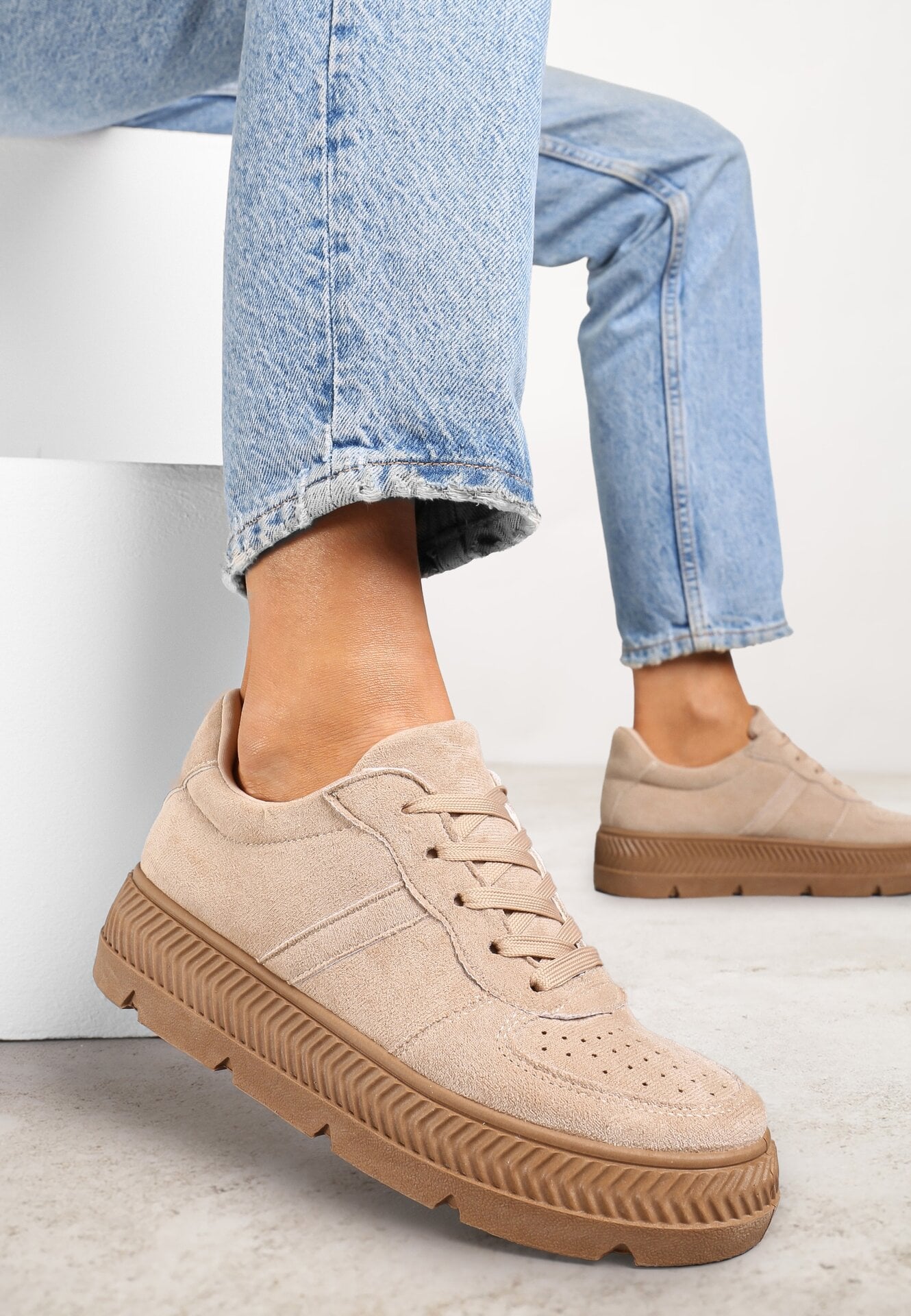 Beżowe Sneakersy na Grubej Podeszwie z Tłoczeniami Try to Forget