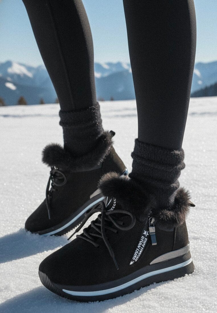 Czarne Płaskie Sneakersy Ozdobione Futerkiem i Napisem Tarvina