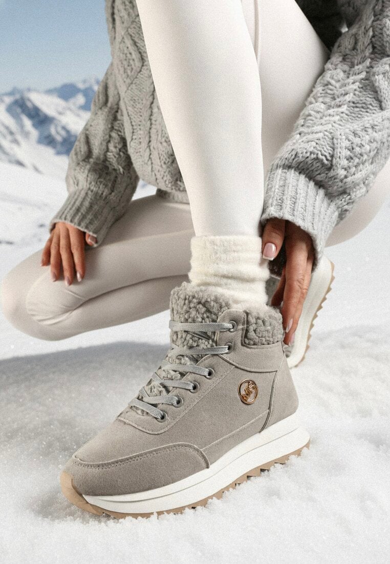 Szare Sneakersy na Grubej Platformie z Metaliczną Aplikacją i Barankiem Irinala