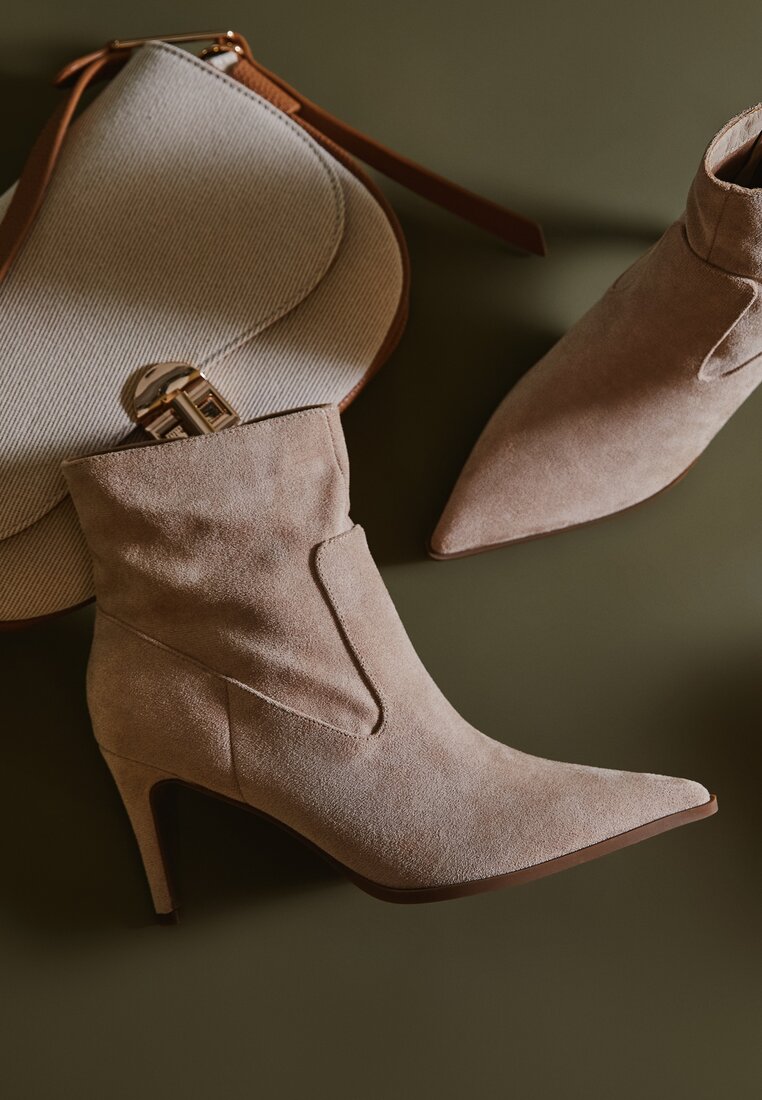Ciemnobeżowe Eleganckie Botki Vices na Obcasie Typu Szpilka Mesista