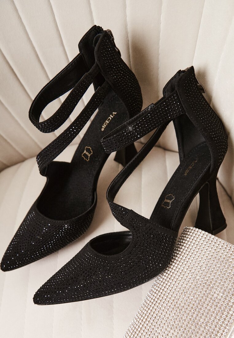 Czarne Czółenka Vices na Obcasie ze Skórzaną Wkładką i Ozdobnymi Paskami Besicea