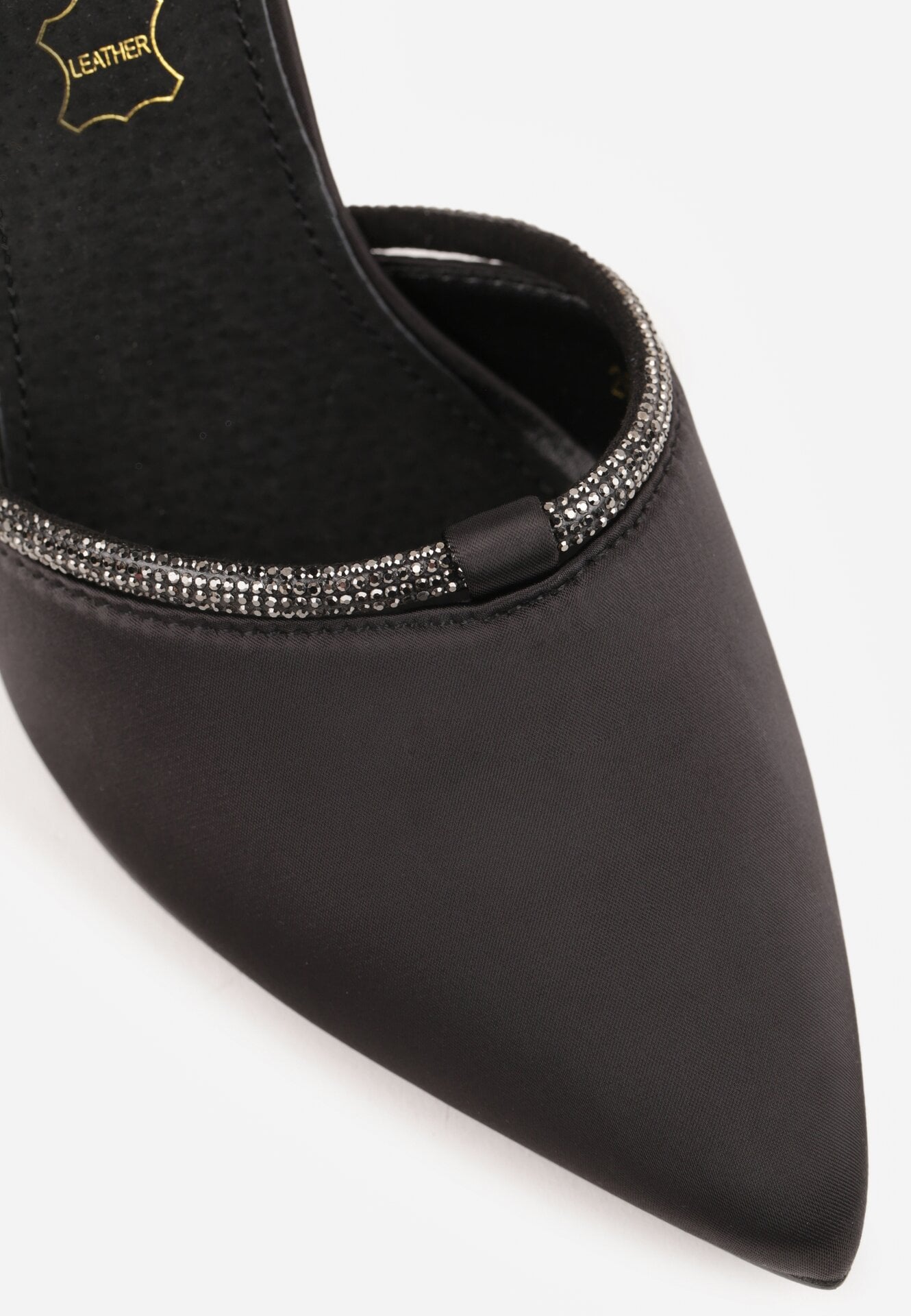 Czarne Satynowe Szpilki Vices ze Skórzaną Wkładką Zdobione Cyrkoniami Lizzira