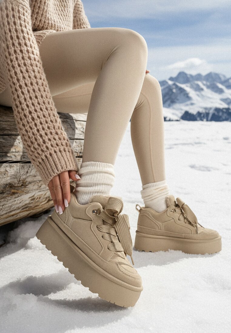 Ciemnobeżowe Sneakersy Vices na Platformie z Ozdobnym Futerkiem Nalirea