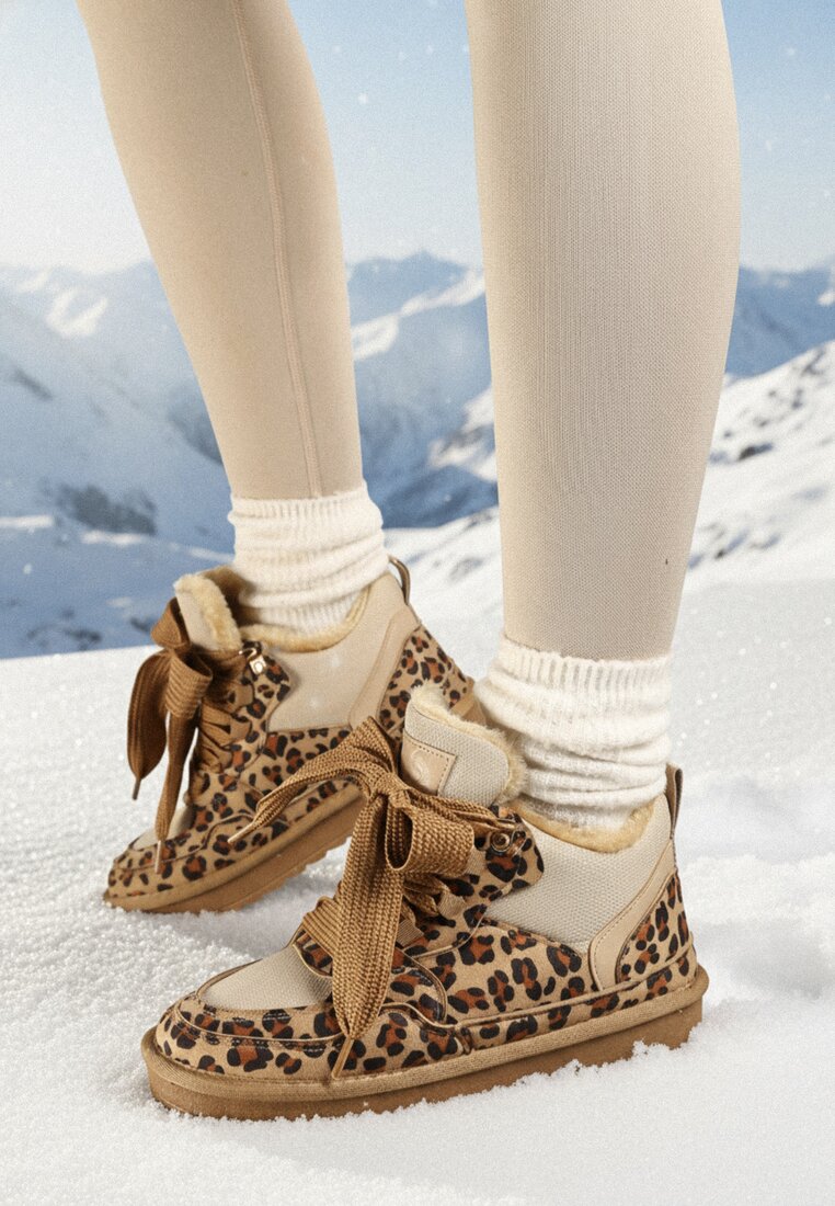 Brązowe Sneakersy Vices w Stylu Śniegowców Ocieplane z Szerokim Sznurowaniem i Wzorem w Panterkę Rennith