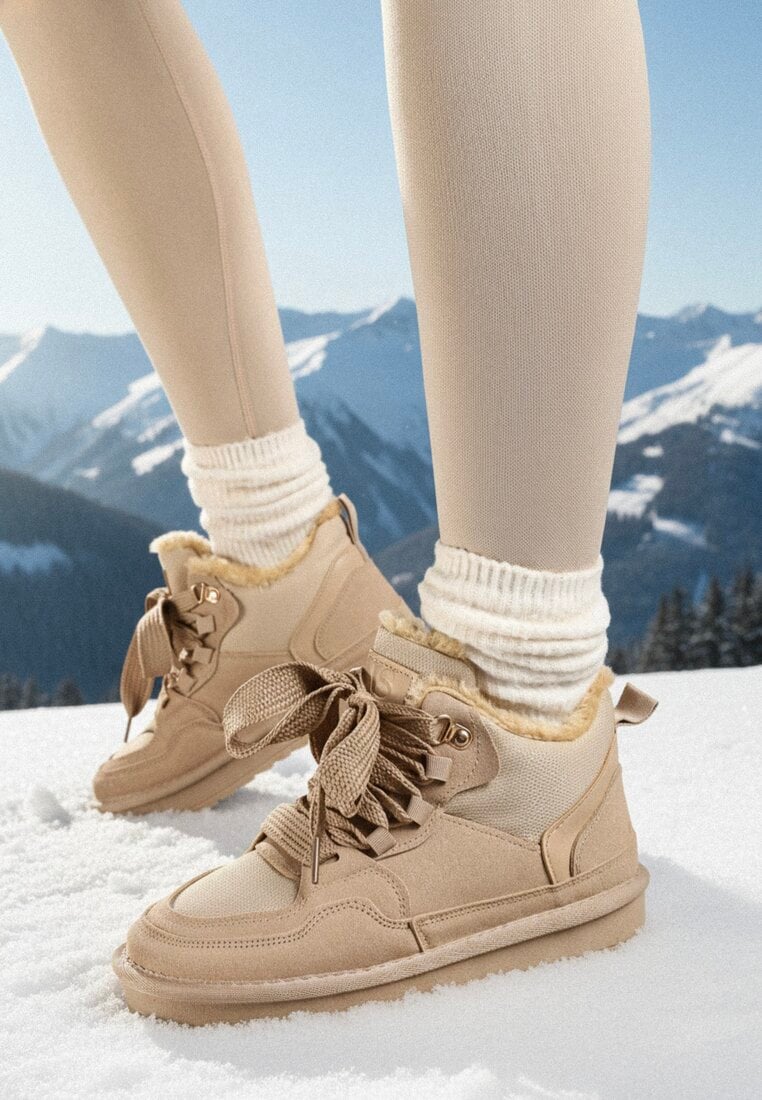 Ciemnobeżowe Sneakersy Vices w Stylu Śniegowców Ocieplane z Szerokim Sznurowaniem Rennith