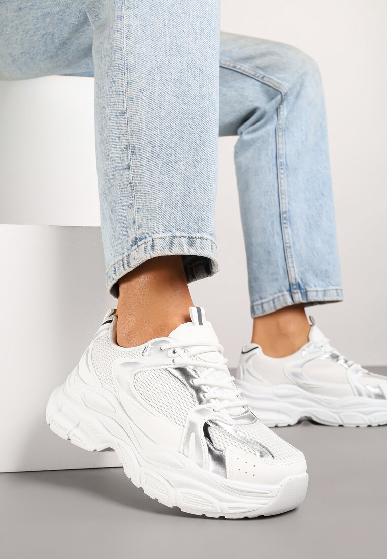 Biało-Srebrne Sneakersy Vices na Grubej Podeszwie z Tłoczeniami Nativine
