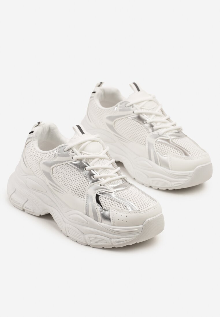 Biało-Srebrne Sneakersy Vices na Grubej Podeszwie z Tłoczeniami Nativine