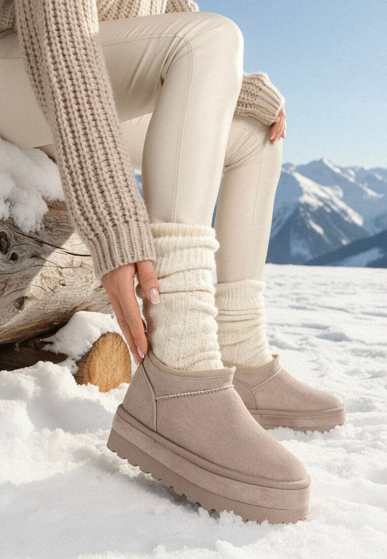 Jasnobeżowe Śniegowce Vices z Krótką Cholewką Ocieplone Futerkiem Grelfedi