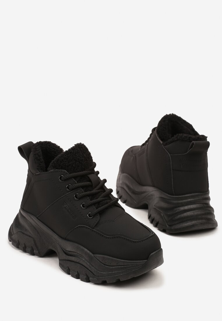 Czarne Traperki Sneakersy Vices na Grubej Tłoczonej Platformie Typu Traperki Narrise