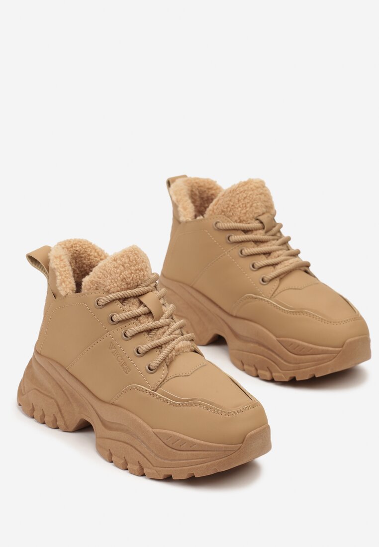 Jasnobrązowe Traperki Sneakersy Vices na Grubej Tłoczonej Platformie Typu Traperki Narrise