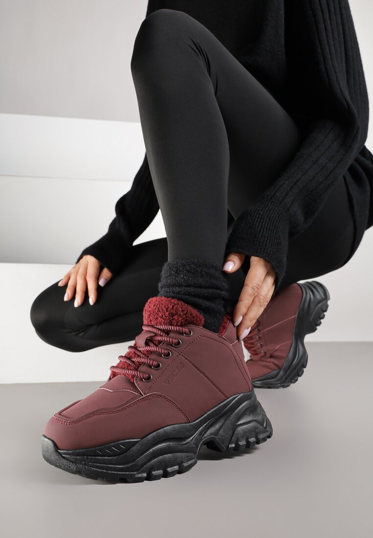 Bordowe Traperki Sneakersy Vices na Grubej Tłoczonej Platformie Typu Traperki Narrise