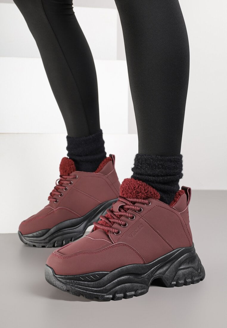 Bordowe Traperki Sneakersy Vices na Grubej Tłoczonej Platformie Typu Traperki Narrise