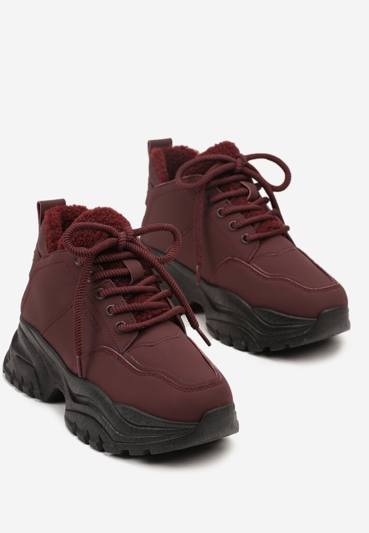 Bordowe Traperki Sneakersy Vices na Grubej Tłoczonej Platformie Typu Traperki Narrise