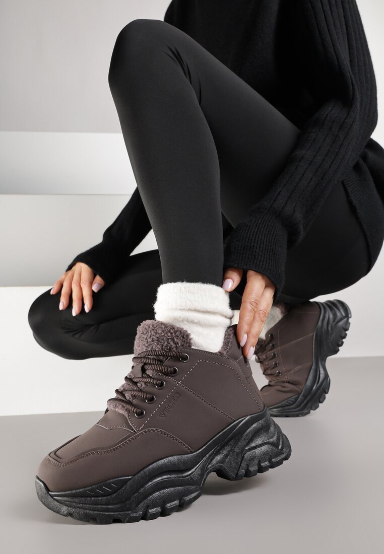 Brązowe Traperki Sneakersy Vices na Grubej Tłoczonej Platformie Typu Traperki Narrise