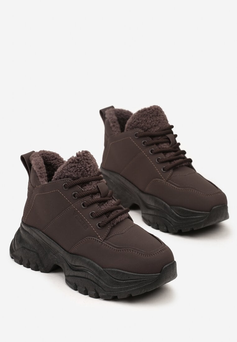 Brązowe Traperki Sneakersy Vices na Grubej Tłoczonej Platformie Typu Traperki Narrise