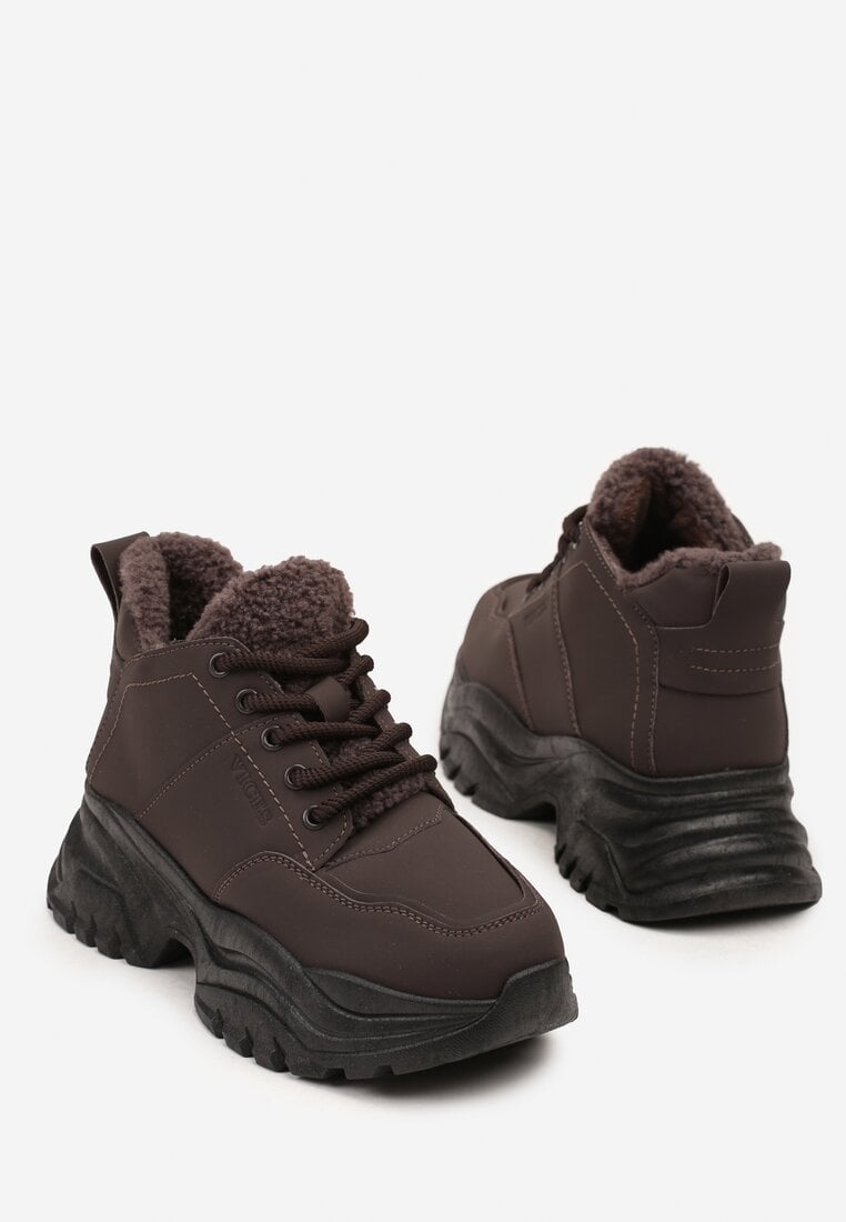 Brązowe Traperki Sneakersy Vices na Grubej Tłoczonej Platformie Typu Traperki Narrise