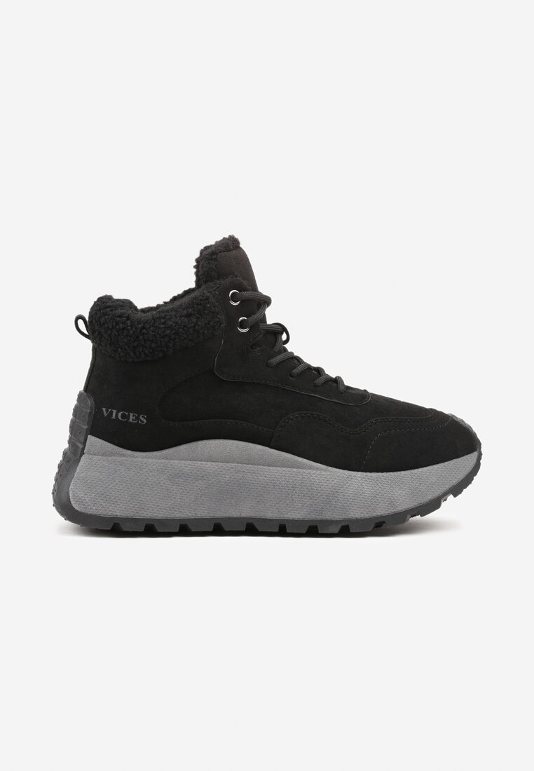 Czarne Sneakersy Śniegowce Vices na Grubej Podeszwie Ozdobione Futerkiem i Napisem Nelinena