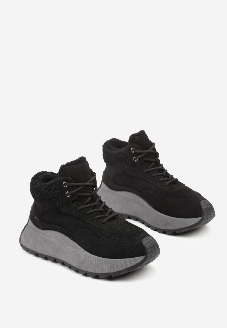 Czarne Sneakersy Śniegowce Vices na Grubej Podeszwie Ozdobione Futerkiem i Napisem Nelinena