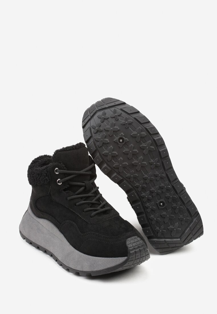 Czarne Sneakersy Śniegowce Vices na Grubej Podeszwie Ozdobione Futerkiem i Napisem Nelinena