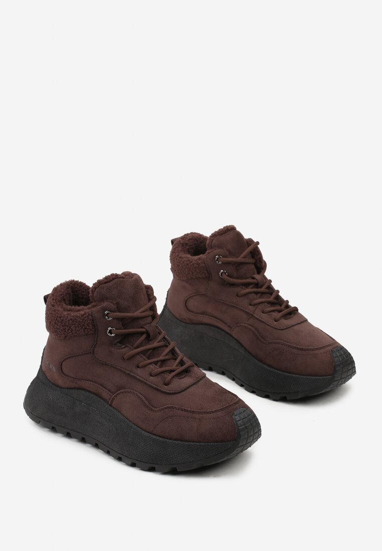 Brązowe Sneakersy Śniegowce Vices na Grubej Podeszwie Ozdobione Futerkiem i Napisem Nelinena