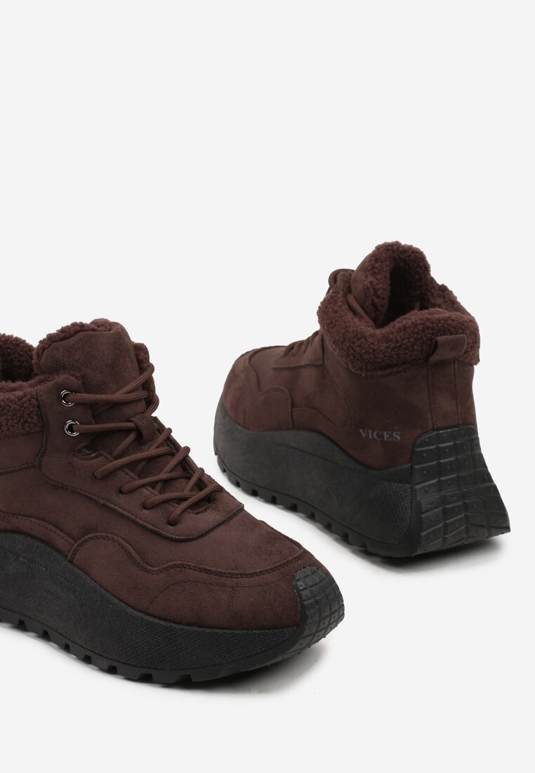 Brązowe Sneakersy Śniegowce Vices na Grubej Podeszwie Ozdobione Futerkiem i Napisem Nelinena