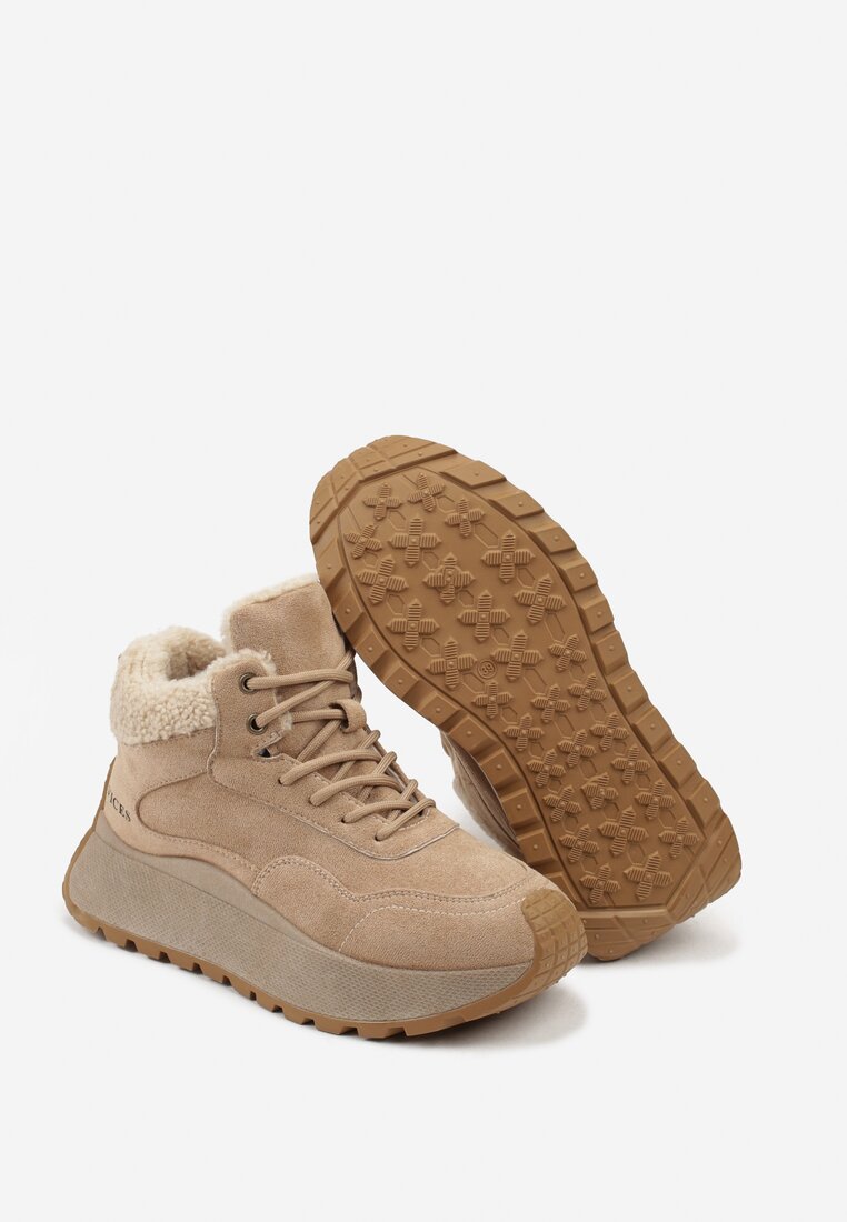 Jasnobrązowe Sneakersy Śniegowce Vices na Grubej Podeszwie Ozdobione Futerkiem i Napisem Nelinena