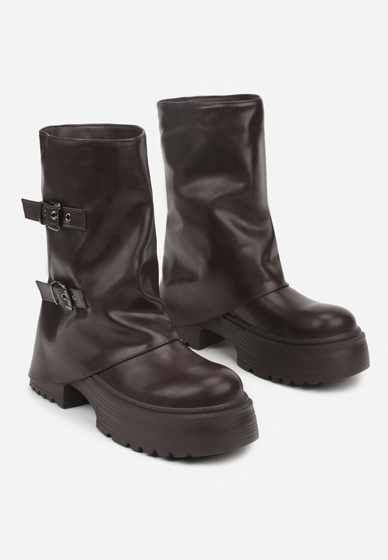 Ciemnobrązowe Botki Biker VICES z Cholewką Imitującą Nogawkę z Klamrami Reiladia