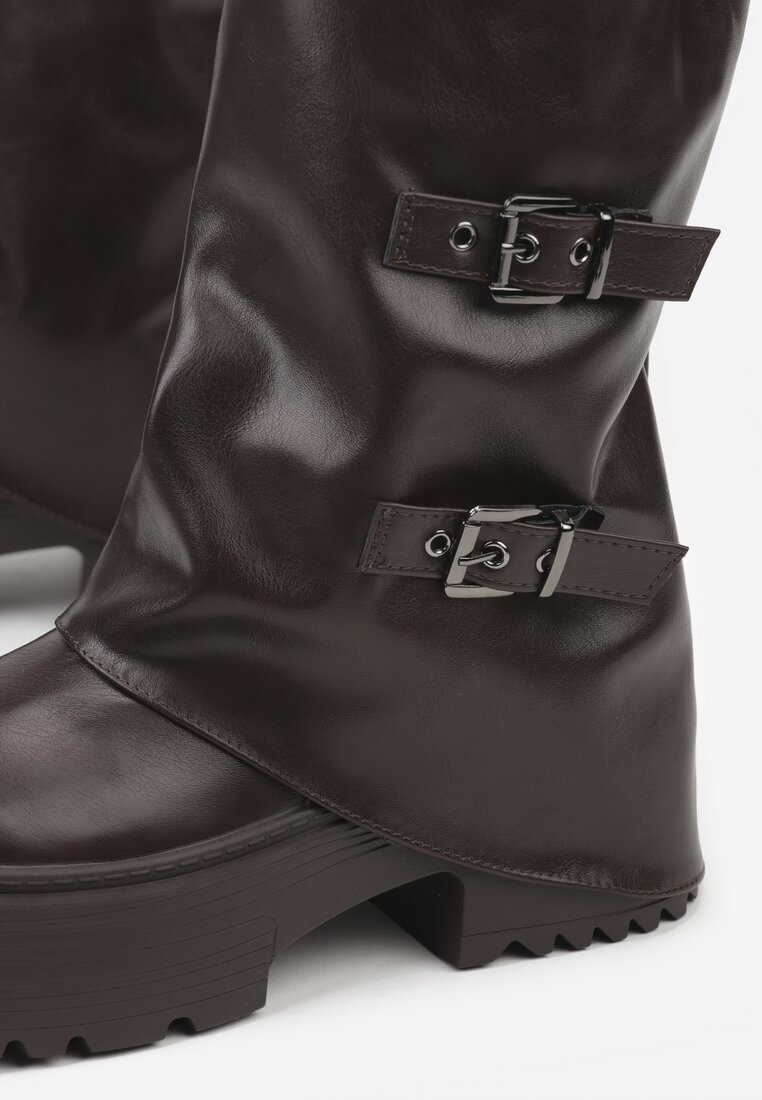 Ciemnobrązowe Botki Biker VICES z Cholewką Imitującą Nogawkę z Klamrami Reiladia
