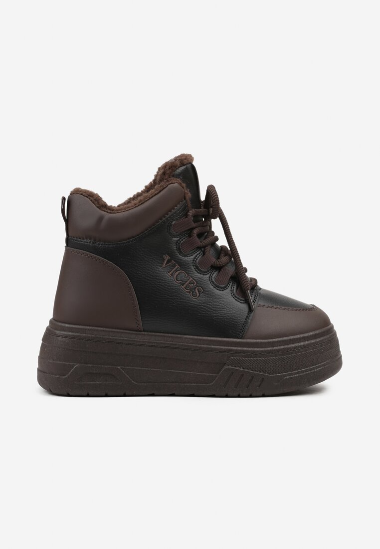 Czarno-Brązowe Sneakersy Śniegowce Vices na Grubej Podeszwie z Tłoczeniem Ozdobione Napisem Fettania