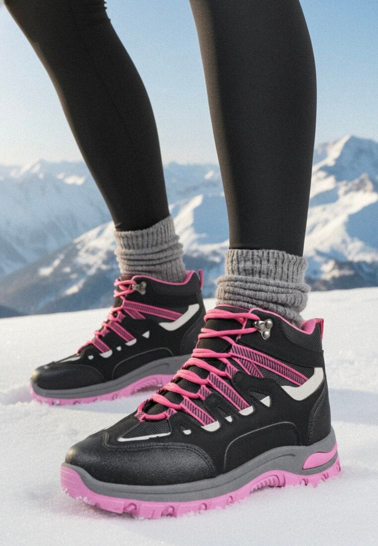 Czarno-Fuksjowe Sznurowane Buty Trekkingowe Traperki Vices na Grubej Podeszwie Afertie