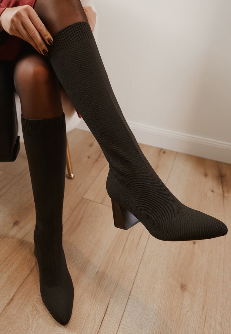 Czarne Eleganckie Kozaki VICES na Słupku ze Skarpetkową Cholewką Mialles