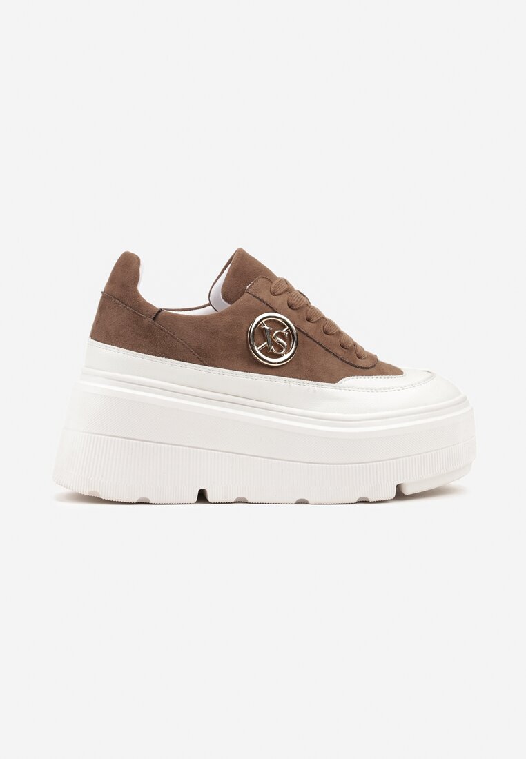 Brązowo-Białe Sneakersy Vices na Platformie Zdobione Okrągłą Aplikacją Wodvire