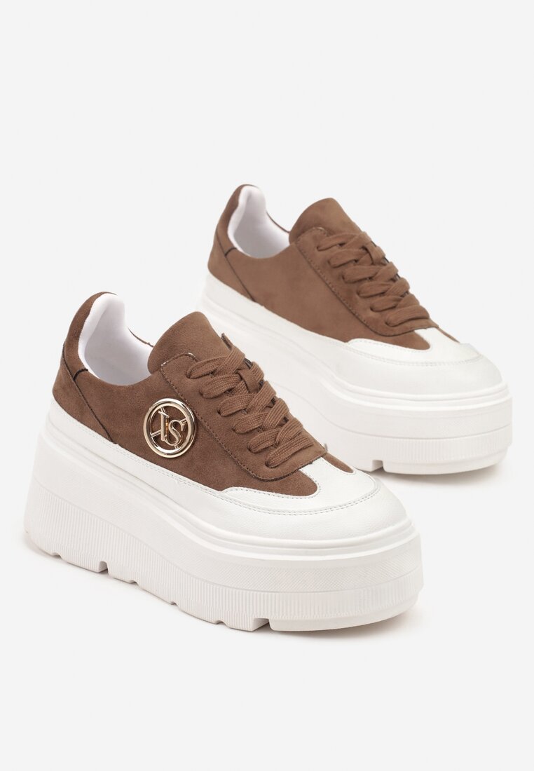Brązowo-Białe Sneakersy Vices na Platformie Zdobione Okrągłą Aplikacją Wodvire