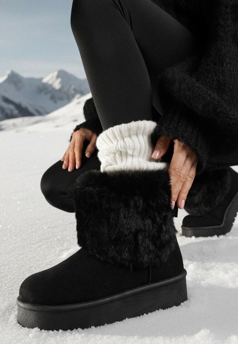 Czarne Śniegowce za Kostkę Mocno Ocieplane z Futerkiem na Platformie Reilanna