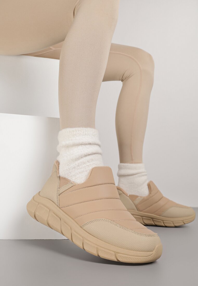 Ciemnobeżowe Pikowane Sneakersy Śniegowce na Grubej Tłoczonej Platformie Verta